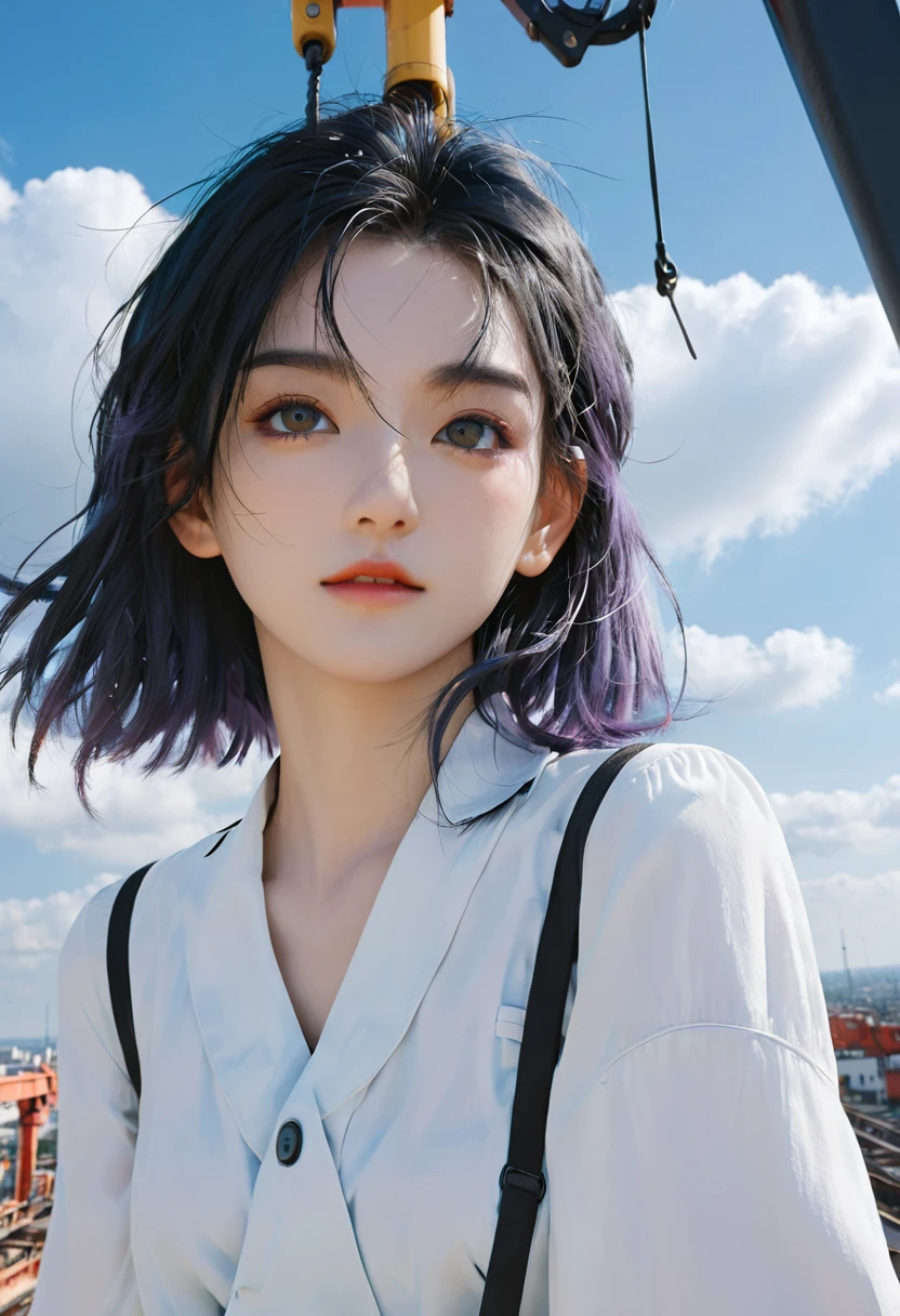 masterpiece, Top quality, Very detailed, Unity 8K wallpaper, (Ride on a crane), Sky, 1 girl, heavy machine, Gradient hair, Hair between the eyes, Ahog, age: 16, look back, Pretty Face, White Niso,
