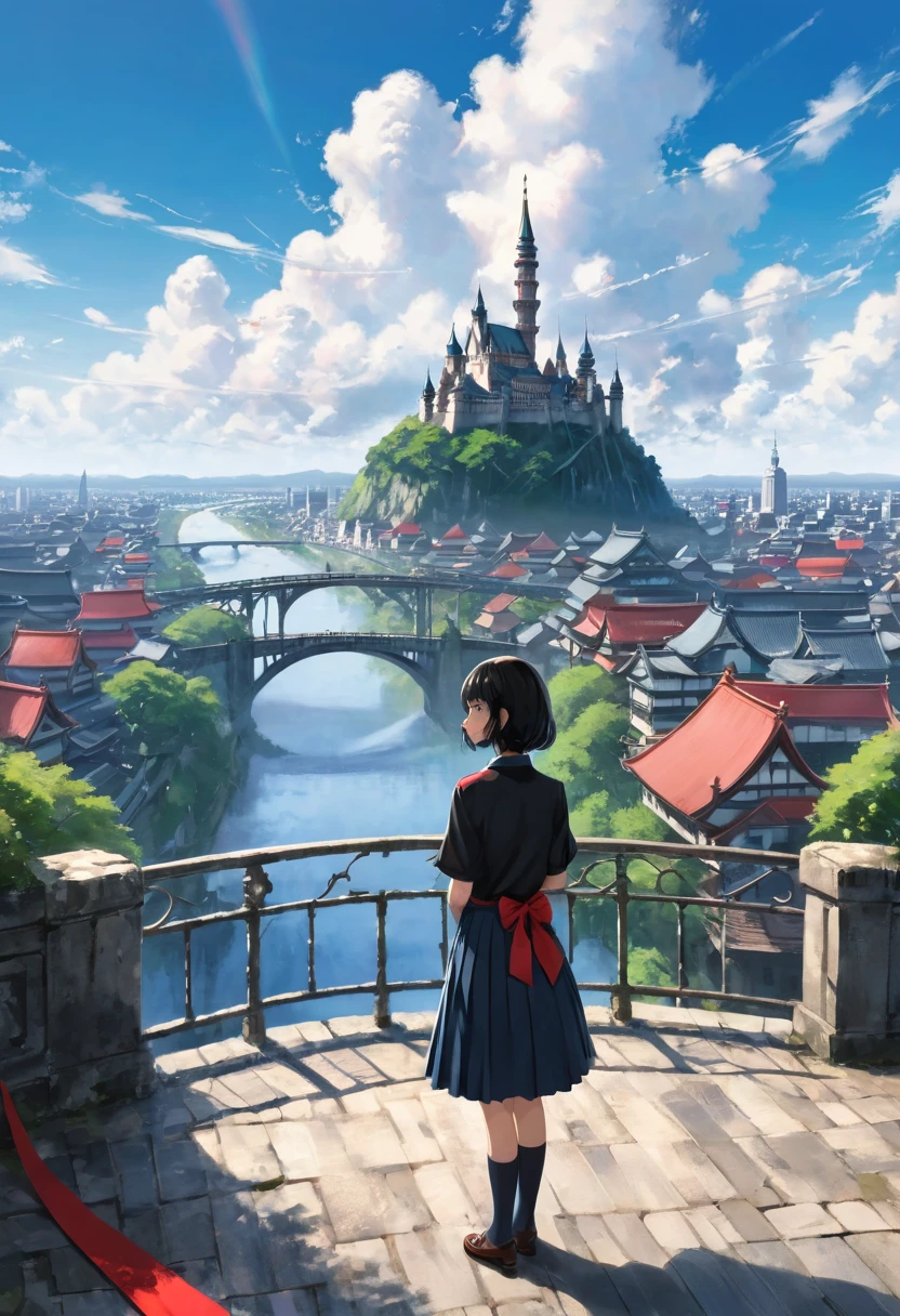 1 Girl,Bangs,Black_hair,blue_sky空,bridge,architecture,castle,City,Cityscape,cloud,sky,skirt,Watching_exist_Viewer,outdoor,Red_tie,Red_Ribbon,Ribbon,river,short_hair,short_sleeve,sky空,sky空scraper,Solitary,permanent,town,wexister,(masterpiece,Japanese cartoons,newest,new,exception:1.2),