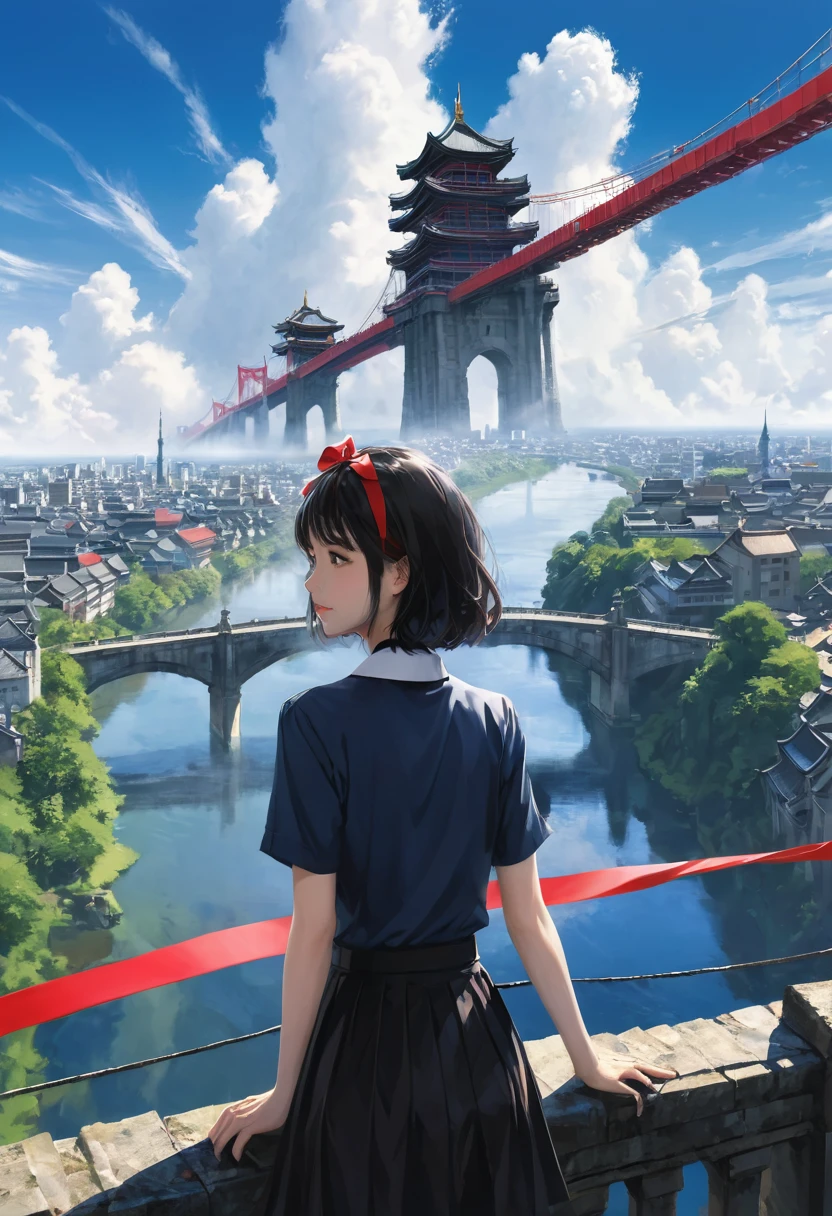 1 Girl,Bangs,Black_hair,blue_sky空,bridge,architecture,castle,City,Cityscape,cloud,sky,skirt,Watching_exist_Viewer,outdoor,Red_tie,Red_Ribbon,Ribbon,river,short_hair,short_sleeve,sky空,sky空scraper,Solitary,permanent,town,wexister,(masterpiece,Japanese cartoons,newest,new,exception:1.2),