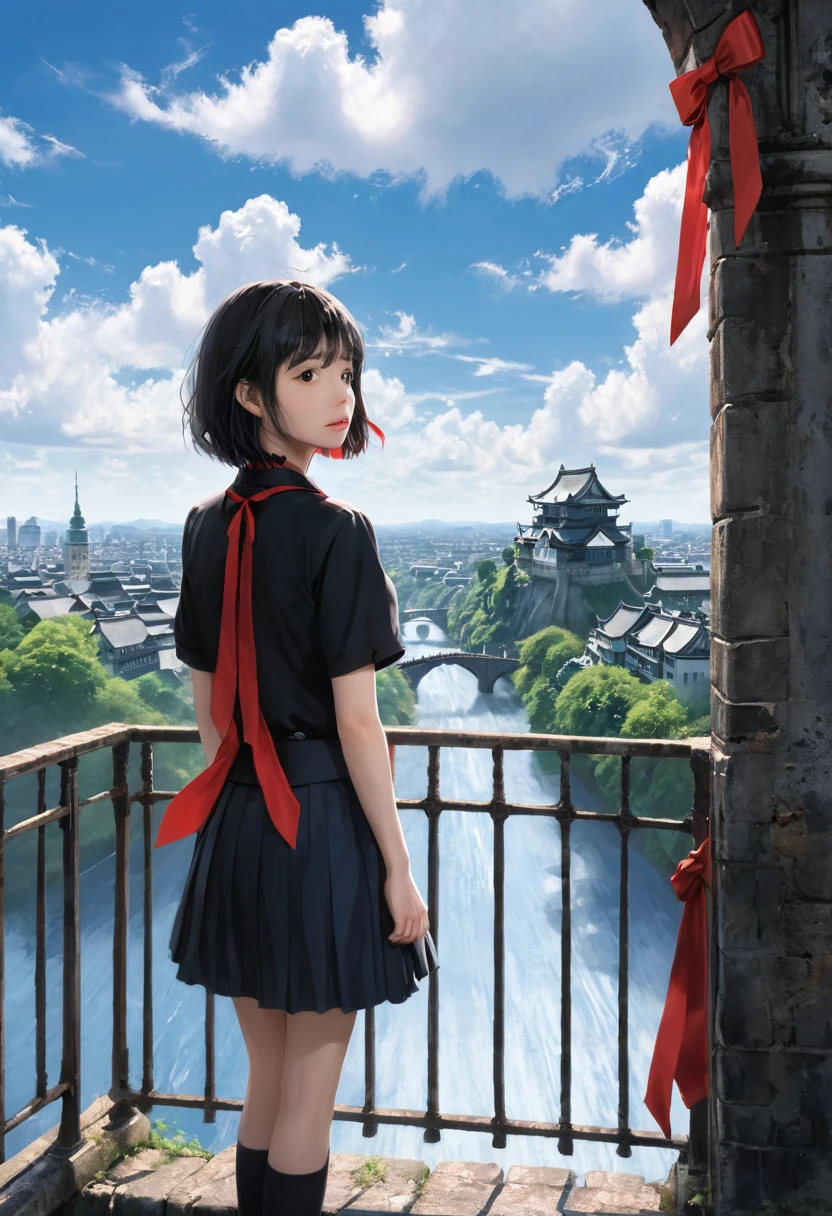 1 Girl,Bangs,Black_hair,blue_sky空,bridge,architecture,castle,City,Cityscape,cloud,sky,skirt,Watching_exist_Viewer,outdoor,Red_tie,Red_Ribbon,Ribbon,river,short_hair,short_sleeve,sky空,sky空scraper,Solitary,permanent,town,wexister,(masterpiece,Japanese cartoons,newest,new,exception:1.2),