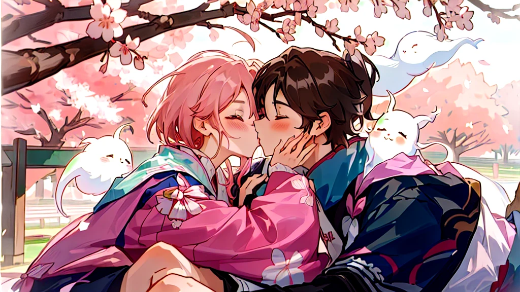 Cartoon couple in traditional costumes hugging under cherry blossom tree, Sasura, Cherry Blossom Season, Sakura Haruno, Nixon and Sakimchan, Kiss cutely, Goto Koharu, Anime Cover, Ghost Festival, Pixif, Cute couple, Official Fanart, Japan, Happy!!!, trending on Pixif