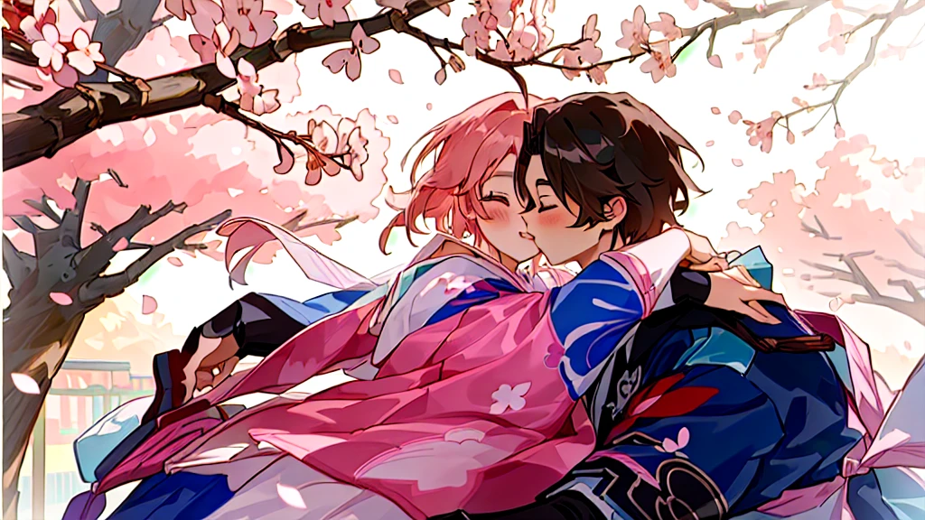 Cartoon couple in traditional costumes hugging under cherry blossom tree, Sasura, Cherry Blossom Season, Sakura Haruno, Nixon and Sakimchan, Kiss cutely, Goto Koharu, Anime Cover, Ghost Festival, Pixif, Cute couple, Official Fanart, Japan, Happy!!!, trending on Pixif