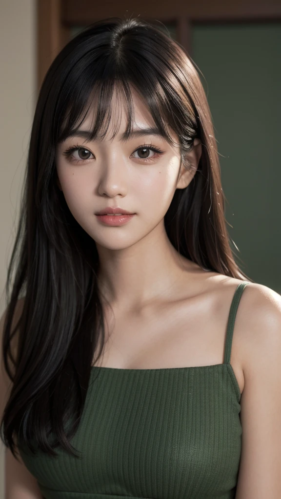 masterpiece, best picture quality, high quality, beautiful girl, Japanese, Japanese school girl, popular Korean makeup, detailed, swollen eyes, detailed eyes, detailed skin, beautiful skin, ultra high resolution, (reality: 1.4), very beautiful, slightly younger face, beautiful skin, slender, (ultra realistic), (illustration), (high resolution), (8K), (highly detailed), (best illustration), (beautifully detailed eyes), (super detailed), (wallpaper), (detailed face), looking at viewer, fine details, detailed face, pureerosfaceace_v1, smiling, looking straight ahead, looking straight ahead, angle from waist up, realistic photo, bright lighting, professional lighting, black hair (some green), long hair, dark ruins, big red moon, gorgeous red and black dress, mature woman, long stylish bangs, 