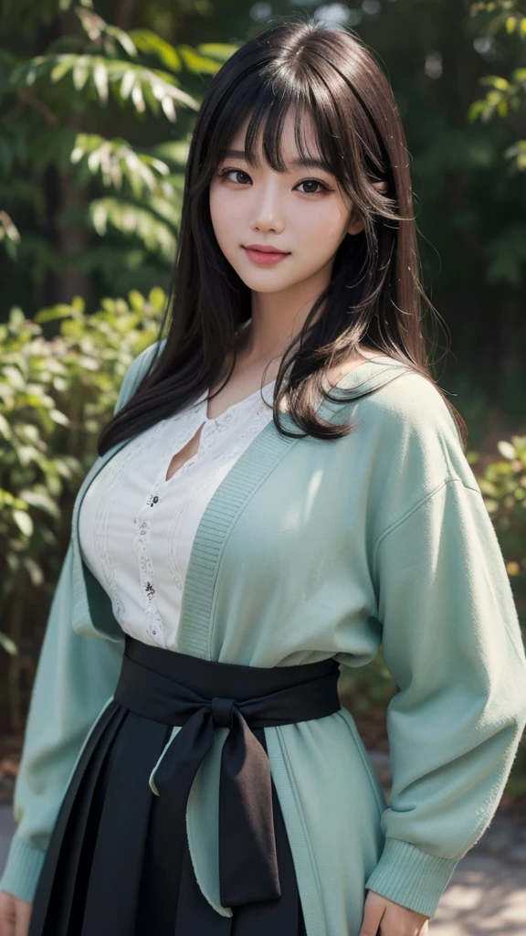 masterpiece, best picture quality, high quality, beautiful girl, Japanese, Japanese school girl, popular Korean makeup, detailed, swollen eyes, detailed eyes, detailed skin, beautiful skin, ultra high resolution, (reality: 1.4), very beautiful, slightly younger face, beautiful skin, slender, (ultra realistic), (illustration), (high resolution), (8K), (highly detailed), (best illustration), (beautifully detailed eyes), (super detailed), (wallpaper), (detailed face), looking at viewer, fine details, detailed face, pureerosfaceace_v1, smiling, looking straight ahead, looking straight ahead, angle from waist up, realistic photo, bright lighting, professional lighting, black hair (some green), long hair, dark ruins, big red moon, gorgeous red and black dress, mature woman, long stylish bangs,