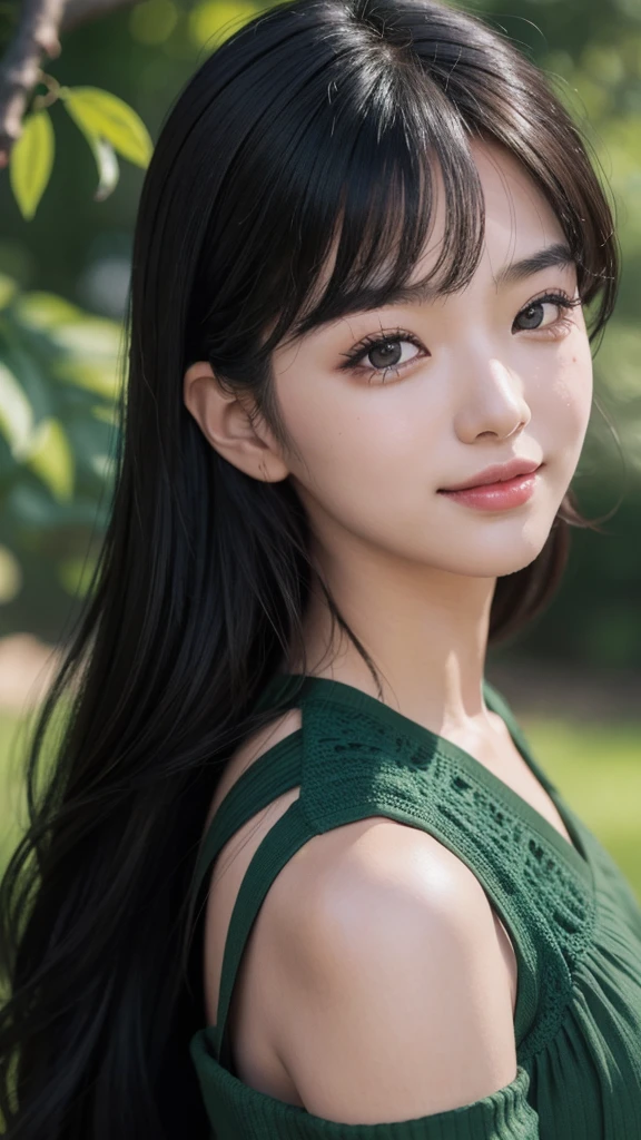 masterpiece, best picture quality, high quality, beautiful girl, Japanese, Japanese school girl, popular Korean makeup, detailed, swollen eyes, detailed eyes, detailed skin, beautiful skin, ultra high resolution, (reality: 1.4), very beautiful, slightly younger face, beautiful skin, slender, (ultra realistic), (illustration), (high resolution), (8K), (highly detailed), (best illustration), (beautifully detailed eyes), (super detailed), (wallpaper), (detailed face), looking at viewer, fine details, detailed face, pureerosfaceace_v1, smiling, looking straight ahead, looking straight ahead, angle from waist up, realistic photo, bright lighting, professional lighting, black hair (some green), long hair, dark ruins, big red moon, gorgeous red and black dress, mature woman, long stylish bangs,