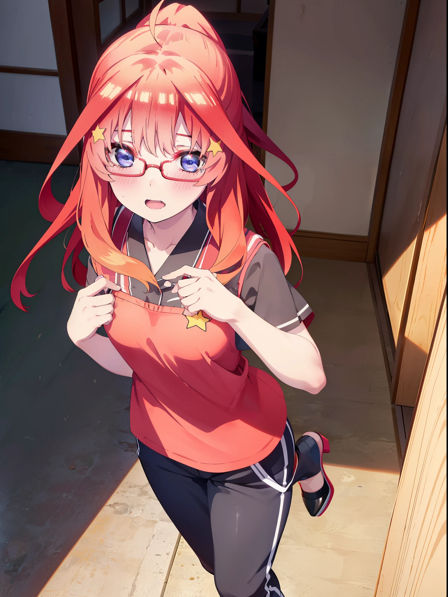itsukinakano, itsuki nakano, bangs, blue eyes, Hair between the eyes, Ahoge, Redhead, star \(symbol\), hair ornaments, star hair ornaments,smile,blush,Open your mouth,ponytail,Red-rimmed glasses,Cold Shoulder Shirt,Short sleeve,skinny pants,Stiletto heels,Walking,whole bodyがイラストに入るように,
break indoors, School,廊下
break looking at viewer, whole body,
break (masterpiece:1.2), Highest quality, High resolution, unity 8k wallpaper, (figure:0.8), (Beautiful attention to detail:1.6), Highly detailed face, Perfect lighting, Highly detailed CG, (Perfect hands, Perfect Anatomy),
