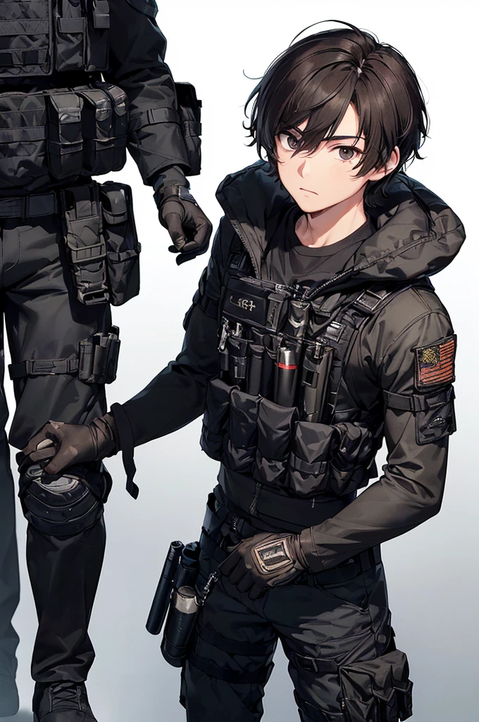 (masterpiece; best quality: 1.2), (finely detailed eyes: 1.3), ((25 year old man)), ((solo)), (black eyes: 1.4), (body; wiry, fit, masculine: 1.3), (short brown hair: 1.3), (beautiful and clear background: 1.2), ((depth of field)), (equipment: spec ops full black tactical gear + black gloves + holstered gun + pouches: 1.3), (anime illustration: 1.2), (background composition; military base office: 1.1), (extremely fine and handsome: 1.1), (shot composition; standing + centered on torso + close-up: 1.5), (expression; calm, stoic: 1.2)