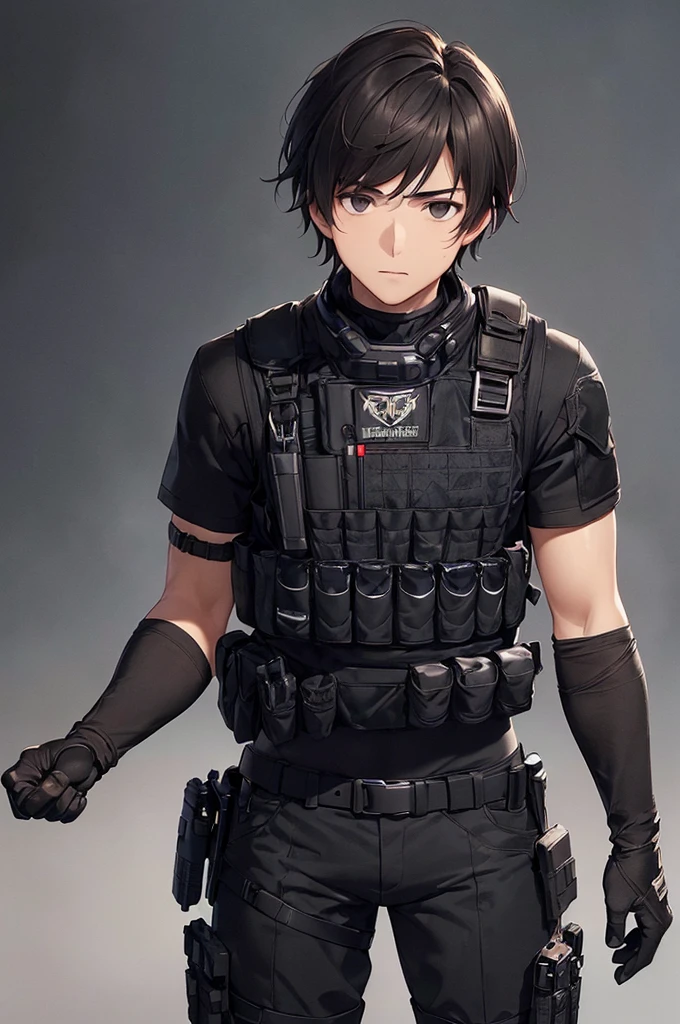 (((masterpiece; best quality: 1.2))), (finely detailed eyes: 1.3), (25 year old man), (solo), (black eyes: 1.4), (body; muscular, fit, masculine: 1.3), (short brown hair: 1.3), (beautiful and clear background: 1.2), ((depth of field)), (equipment: spec ops full black tactical combat-ready gear + black gloves + black baseball cap + pouches: 1.3), (anime illustration: 1.2), (background composition; military base office: 1.1), (extremely fine and handsome: 1.1), (shot composition; standing + centered on torso + close-up: 1.5), (expression; calm, stoic: 1.2)