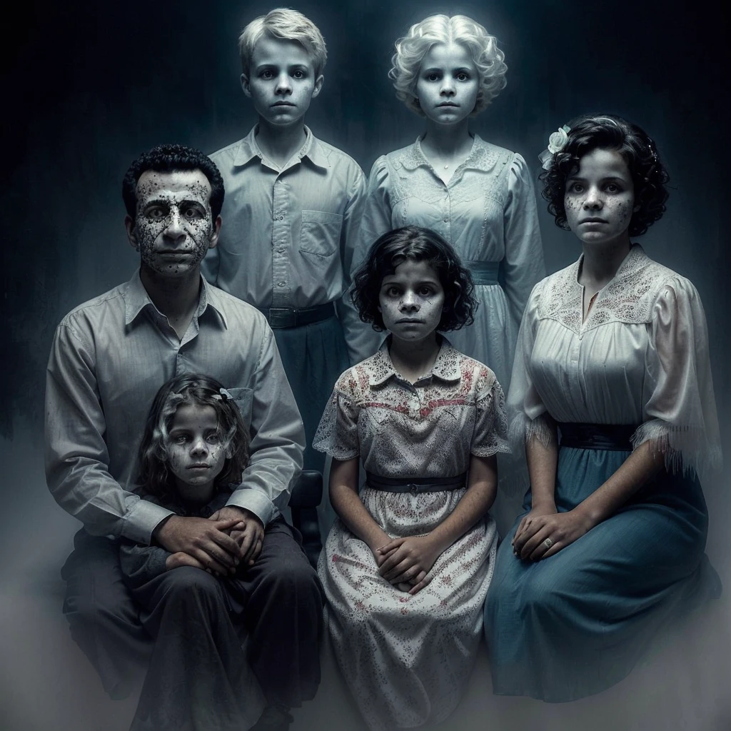arafed image of a family of five sitting in a foggy room, by Artur Tarnowski, mourning family, children born as ghosts, family, ghost children, by Pablo Munoz Gomez, eerie nostalgic concept art, spiritual eerie creepy picture, family portrait, by Alejandro Obregón, by Pablo Carpio, by Pedro Pedraja