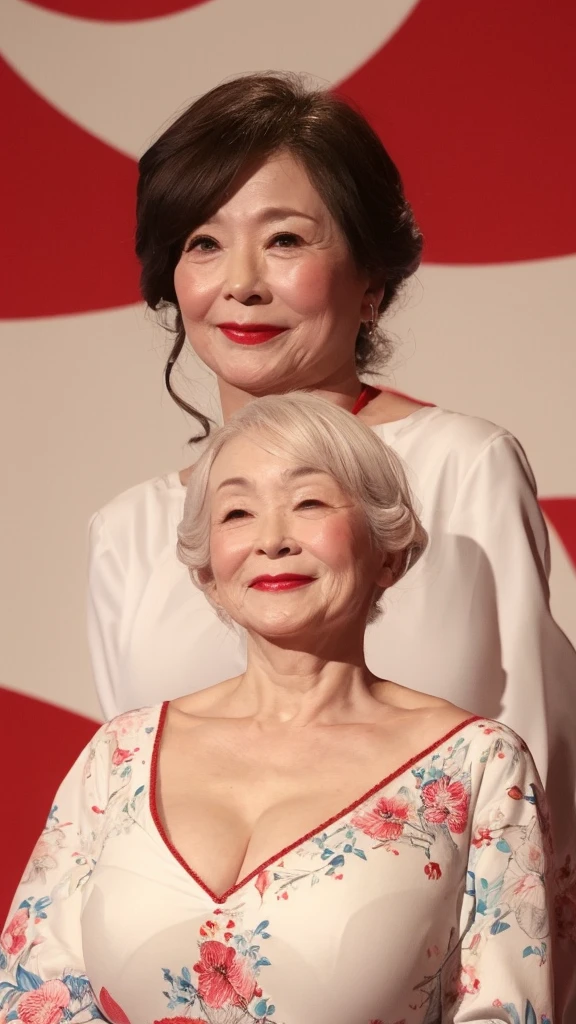 Japanese painting gravure, senior citizen, Draw lips correctly, Red lipstick, From the chest up, 16K, Highest quality, Very detailed, Realistic, Very detailed肌, Perfect Anatomy, (Japanese), (alone), 100 years old, Large Breasts, Mature female politician, Glamour, sexy, Chromo White Skin, View your audience,