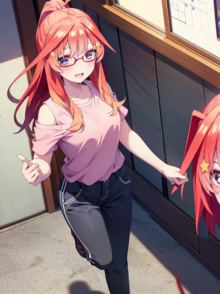 itsukinakano, itsuki nakano, bangs, blue eyes, Hair between the eyes, Ahoge, Redhead, star \(symbol\), hair ornaments, star hair ornaments,smile,blush,Open your mouth,ponytail,Red-rimmed glasses,Cold Shoulder Shirt,Short sleeve,skinny pants,Stiletto heels,Walking,whole bodyがイラストに入るように,
break indoors, School,廊下
break looking at viewer, whole body,
break (masterpiece:1.2), Highest quality, High resolution, unity 8k wallpaper, (figure:0.8), (Beautiful attention to detail:1.6), Highly detailed face, Perfect lighting, Highly detailed CG, (Perfect hands, Perfect Anatomy),