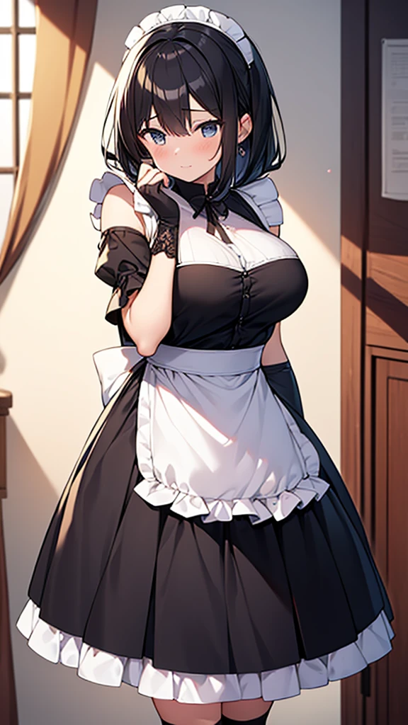 ((masterpiece)), (Highest quality、32k), (Simple style), (Faceless,Face peeling), ONE Girls, Only one maid, Big Breasts, Big Swing Chest, Wearing a face stolen from someone else, Sexy body, Sleeveless, No sleeve, Off the shoulder, Black Dress, Pleated lace, Lace dress, black knee socks. Standing, whole body, Touching my face, Luxurious Room, {{The maid who stole the face of the young lady}}, Browsing Caution