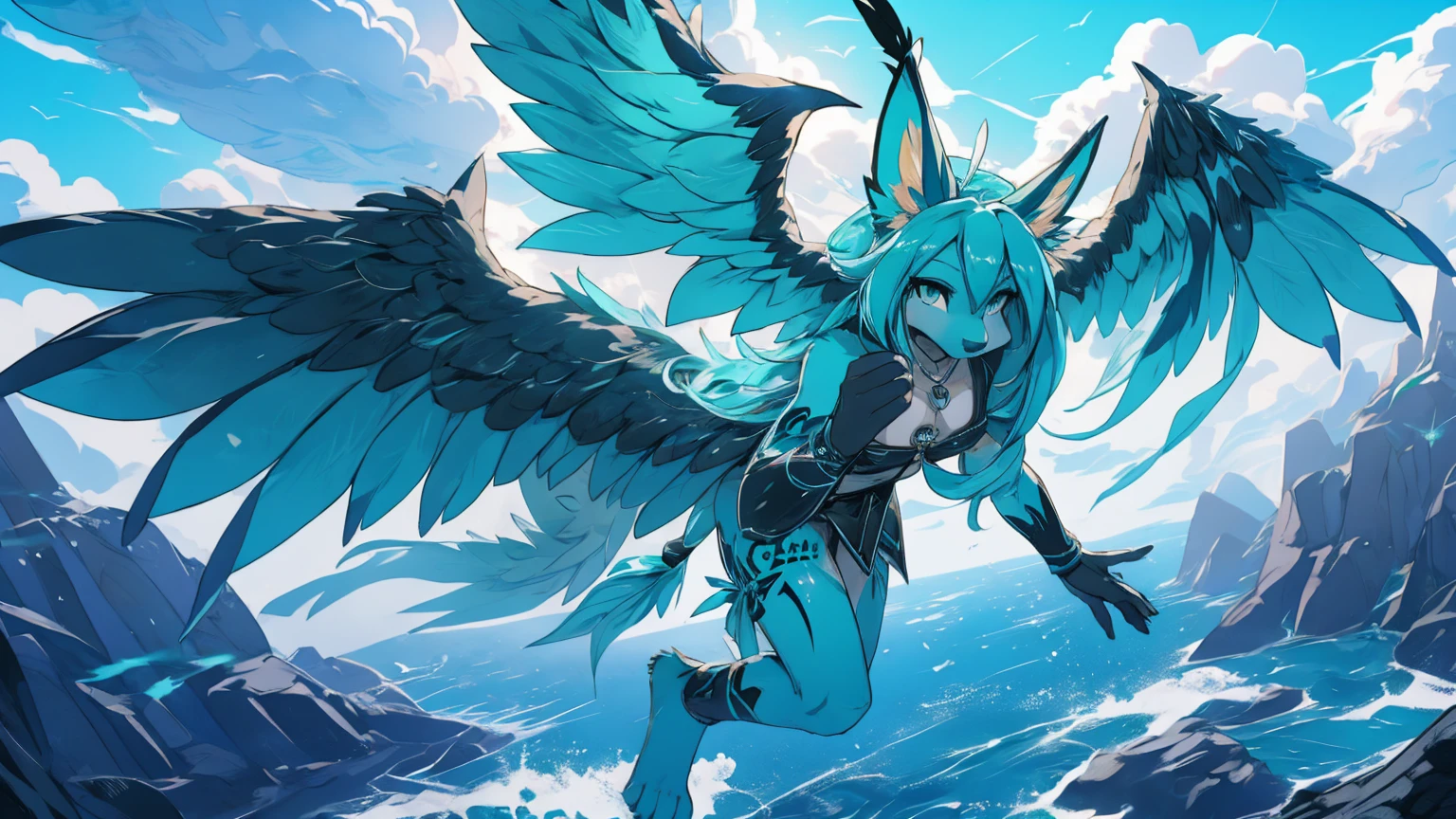 Aqua vixen, aqua long hair style hatsune mikua gregar alta definition_detail:1, blue fur,kitsune ears, tribal tattoo add_detail:1, barefoot, the same, giant black feather wings add_detail:1 ,alas hermosas la mejor calidad y detail en las plumas, flying over a beautiful cliff, add blue saturation light_detail:1, dark aura add_detail:1 power in her hands add_detail:1
