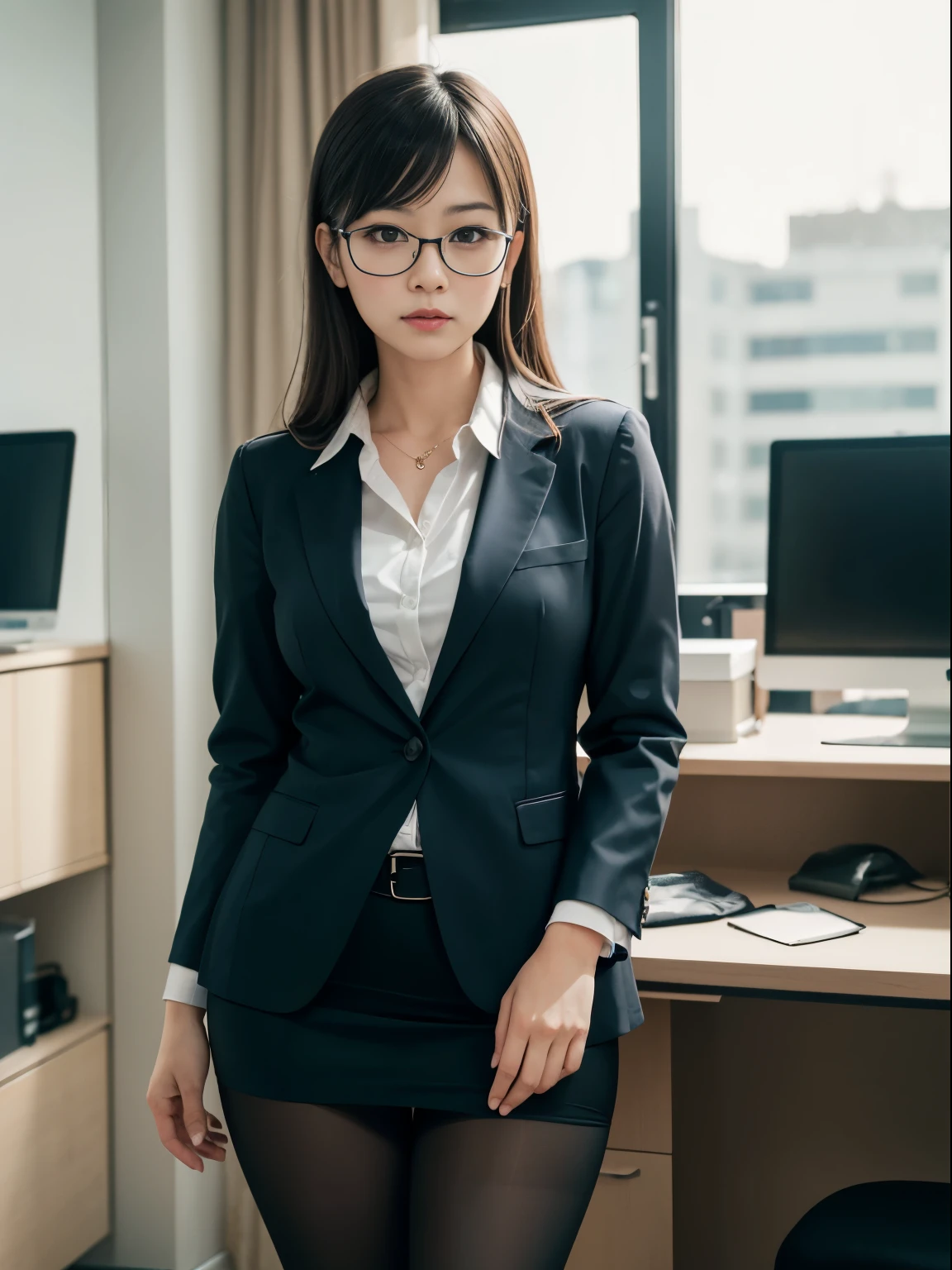(alone、solo)、A 20-something office lady in an office uniform poses for a photo、(Black Pantyhose)、(Half Up)、victory、Tsundere、Single knot、OL、suit、Blue mall face、anger、、Glasses、Slim girl model photo、Body:The smallest middle-aged man in history、Female Model、Japanese female fashion model、(8K、RAW Photos、Highest quality、masterpiece:1.2)、(Real、Photorealistic:1.37)、Ultra high definition、Ultra high definition、Office Street、Standing position、whole body、((((SEXY)))