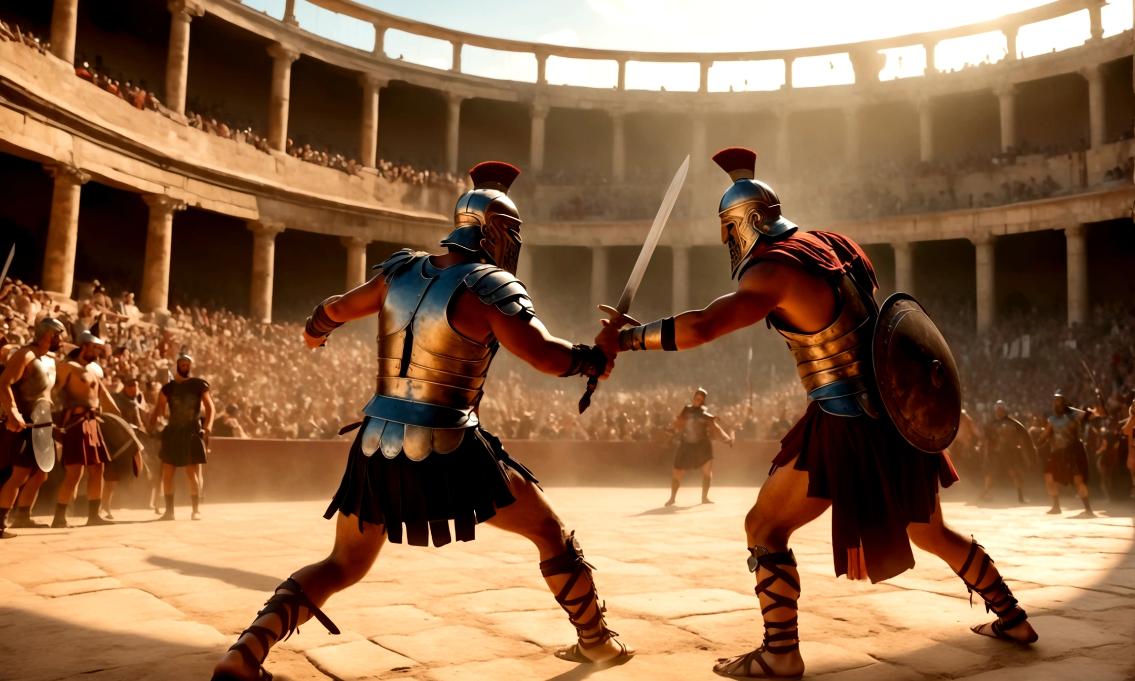 two gladiators fighting in a crowded coliseum in ancient rome, wearing period armor and weapons. high detail, 8k, masterpiece, dramatic lighting, best quality, anatomically correct, award-winning.