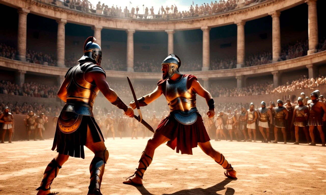two gladiators fighting in a crowded coliseum in ancient rome, wearing period armor and weapons. high detail, 8k, masterpiece, dramatic lighting, best quality, anatomically correct, award-winning.