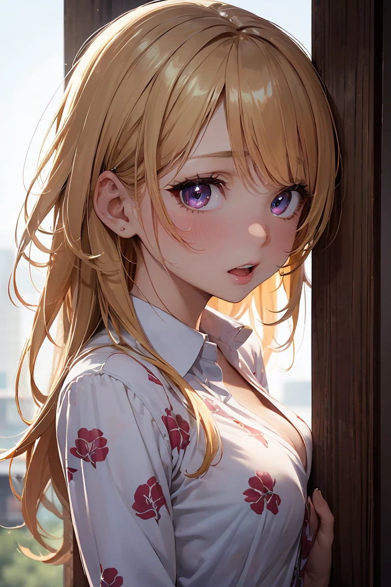 masterpiece, absurdres, best quality, ultra detailed, high Resolution, detailed illustration, bright colour, (extremely beautiful detailed face and eyes, Delicate beautiful face, 1 girl, 18yo, cute face:1.3), (magenta eyes:1.1), sparkling eyes, big eyes, (small breasts:1.2), (perky breasts:1.1), (pointy breasts:1.1), medium hips, glamorous body, white skin, BREAK, (blonde hair:0.8), messy hair, detailed hair, shiny hair, BREAK (casual dress with print:1.3), perfect lighting, (ecstasy, vulgarity:1.5), (embarrassed:1.3), (Sexy pose:1.3),