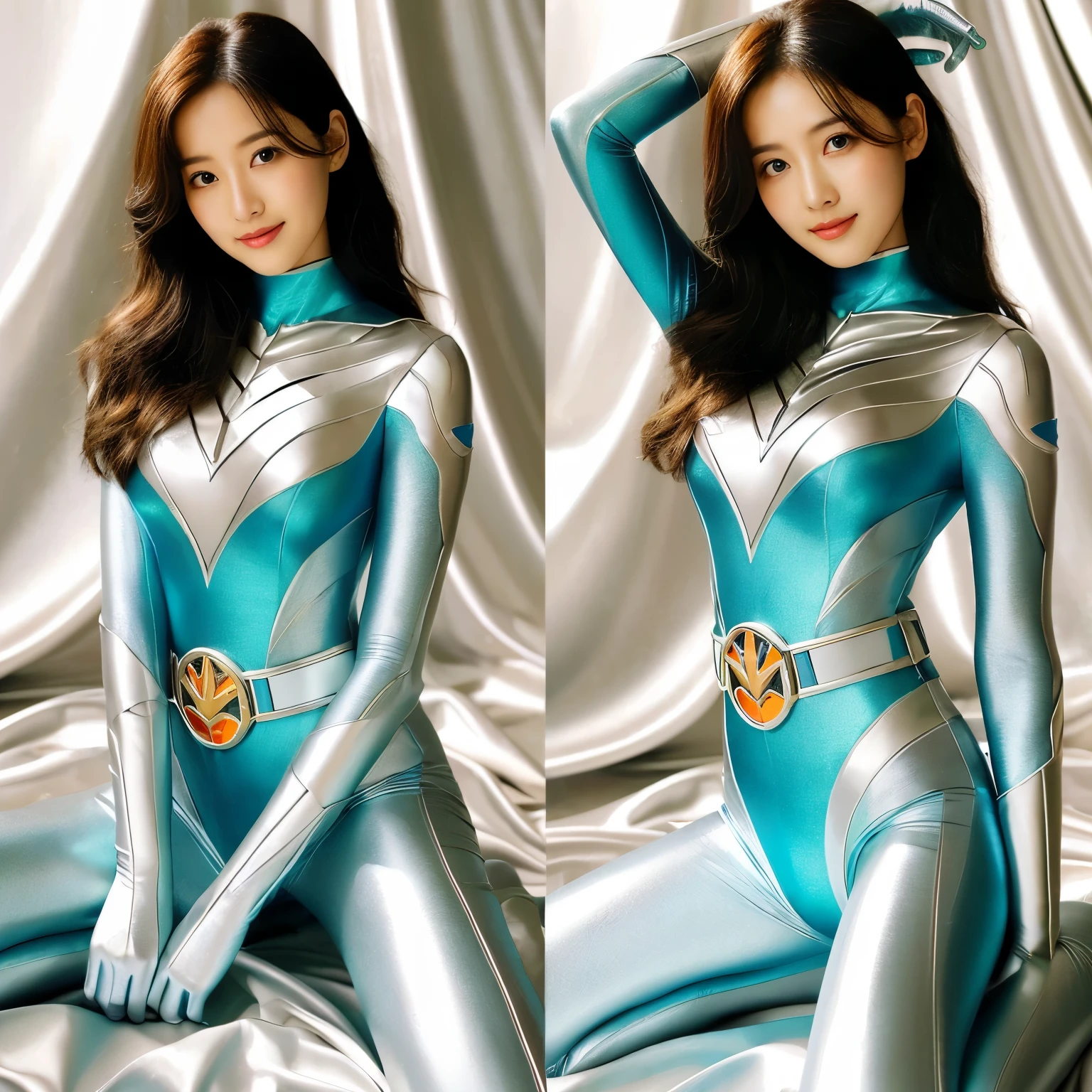best image quality、Super high resolution、(realism:1.4)、Korean beauty star、The most beautiful KPOP star、horny face、Horny Korean makeup、erotic expression、A body that makes you want to touch it、erotic photos、((Realistic shiny satin fabric texture、High-gloss stretch satin fabric that is smooth and smooth to the touch.、The drape of the curved part of the shiny satin fabric、strong shiny costume、The smooth and beautiful quality and luster of the costumes、A shiny costume made of high-quality satin fabric with high density.、Smooth to the touch oil light liang ultra-class battleship skin coat COS、Super SentaiWomen&HeroineSuit、Texture of costumes that satin fetishists respond to、Thin, glossy stretch satin fabric)),8K photo quality