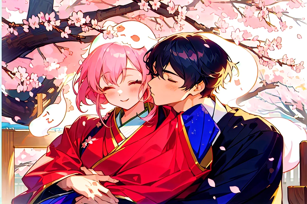 Cartoon couple in traditional costumes hugging under cherry blossom tree, Sasura, Cherry Blossom Season, Sakura Haruno, Nixon and Sakimchan, Kiss cutely, Goto Koharu, Anime Cover, Ghost Festival, Pixif, Cute couple, Official Fanart, Japan, Happy!!!, trending on Pixif