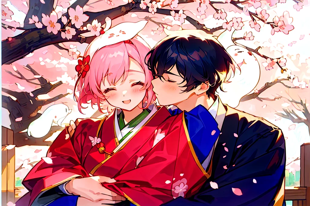 Cartoon couple in traditional costumes hugging under cherry blossom tree, Sasura, Cherry Blossom Season, Sakura Haruno, Nixon and Sakimchan, Kiss cutely, Goto Koharu, Anime Cover, Ghost Festival, Pixif, Cute couple, Official Fanart, Japan, Happy!!!, trending on Pixif