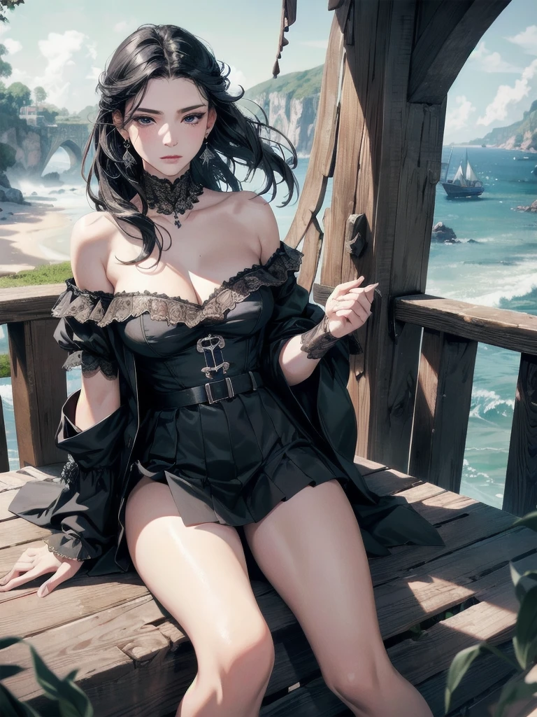 absurdres, RAW photo, extremely delicate and beautiful, masterpiece, Best Quality, ultra high resolution, 32k, hyperrealistic, ultra-detailed, delicate facial features, beautiful detailed woman, tearful mole, earring, medium breasts, full body shot, medium hair, black hair, Legendary Pirate, blouse, short skirt, off shoulder, Eroded Coastline,