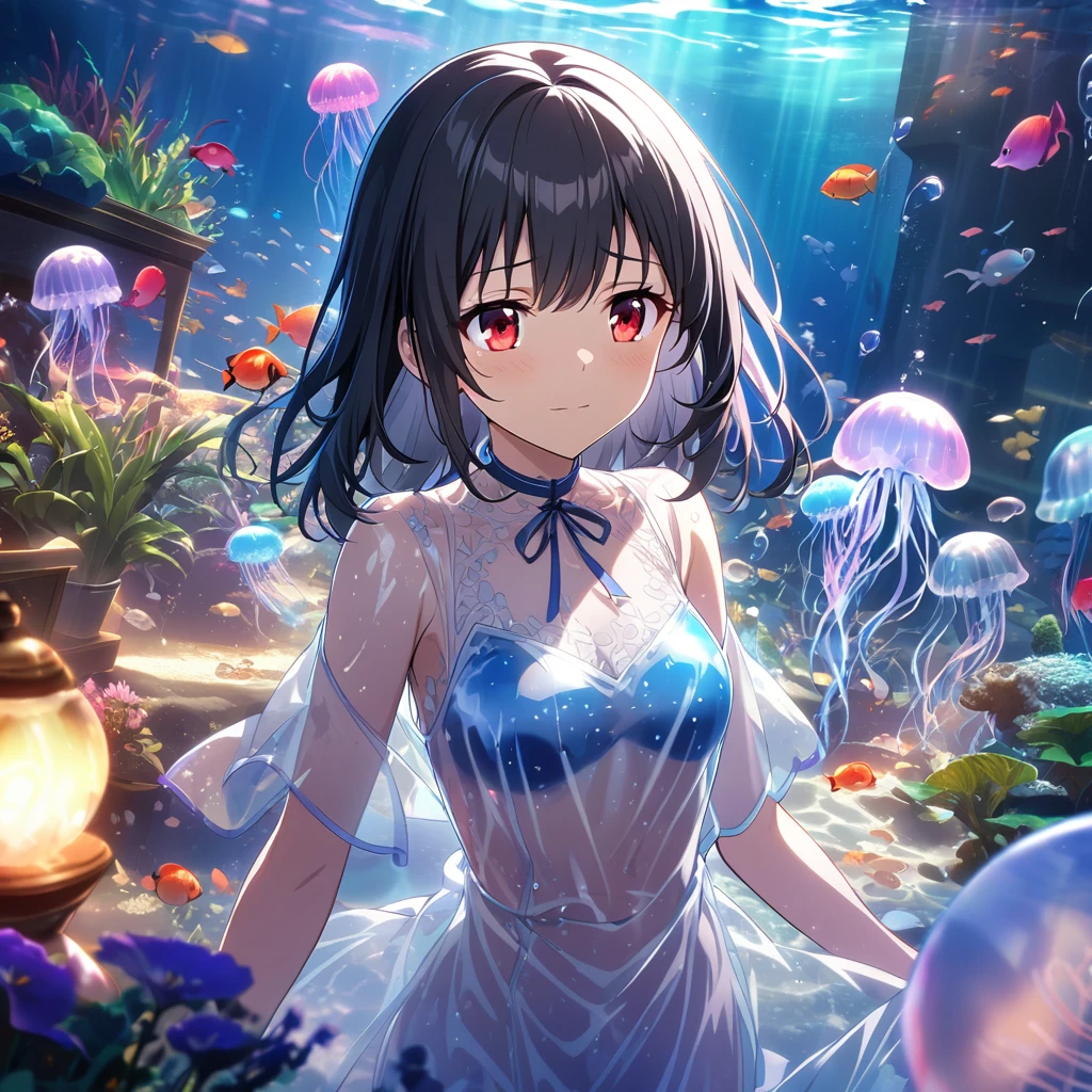 1girl、Black Hair、Red eyes、Skeleton Body、Translucent Dress、Blue jellyfish、aquarium、deep faint light 、 detailed CG、high resolution