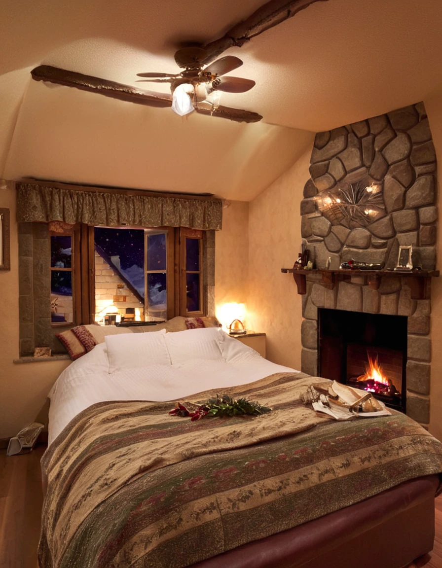 arafed bedroom with a fireplace and a bed with a blanket, thomas kinkade. cute cozy room, cozy and calm, cozy setting, very cozy, cozy wallpaper, cozy room, cozy place, cozy and peaceful atmosphere, cosy enchanted scene, cozy candlelight, cozy environment, cozy bed, soothing and cozy landscape, cozy atmosphere, cosy fireplace