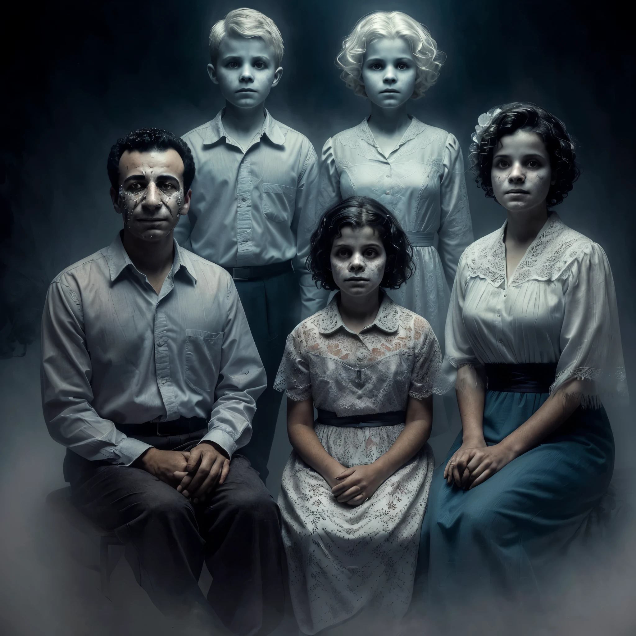 arafed image of a family of five sitting in a foggy room, by Artur Tarnowski, mourning family, children born as ghosts, family, ghost children, by Pablo Munoz Gomez, eerie nostalgic concept art, spiritual eerie creepy picture, family portrait, by Alejandro Obregón, by Pablo Carpio, by Pedro Pedraja