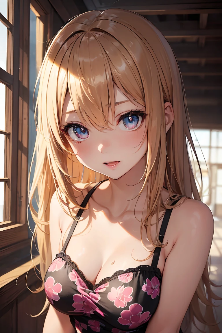 masterpiece, absurdres, best quality, ultra detailed, high Resolution, detailed illustration, bright colour, (extremely beautiful detailed face and eyes, Delicate beautiful face, 1 girl, 18yo, cute face:1.3), (magenta eyes:1.1), sparkling eyes, big eyes, (small breasts:1.2), (perky breasts:1.1), (pointy breasts:1.1), medium hips, glamorous body, white skin, BREAK, (blonde hair:0.8), messy hair, detailed hair, shiny hair, BREAK (casual dress with print:1.3), perfect lighting, (ecstasy, vulgarity:1.5), (embarrassed:1.3), (Sexy pose:1.3), 