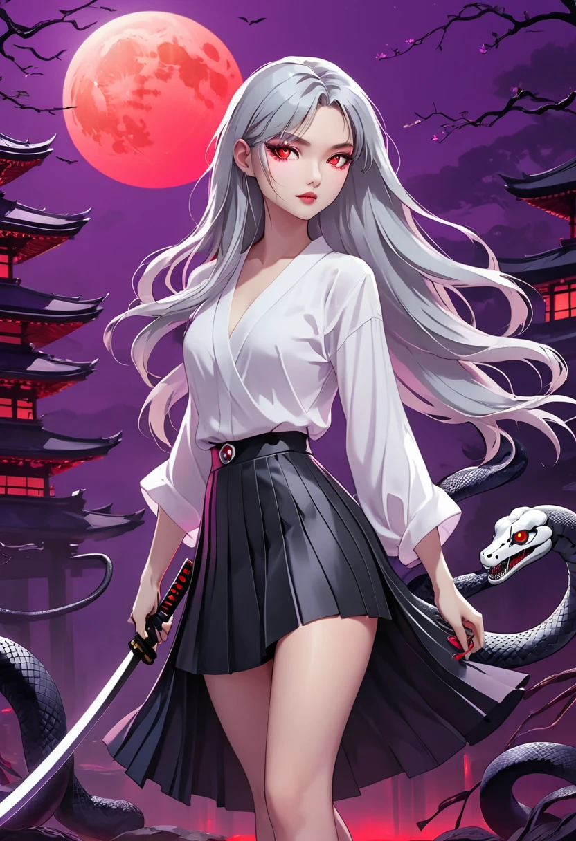 Flat style，Japanese anime style，(((1 beautiful girl，Silver long hair，Smooth skin，Black pleated skirt)))，Katana in hand，Elegant dynamic pose，Dynamic Blur，Red Moon，Dark purple tones，Mysterious and elegant atmosphere，(((Purple fluorescent python snake skeleton background)))
