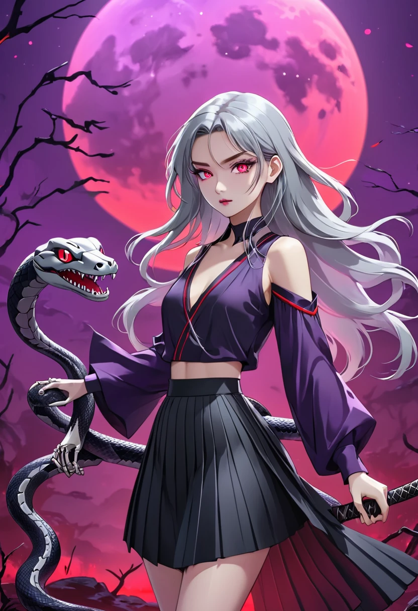 Flat style,Japanese anime style,(((1 beautiful girl,Silver long hair,Smooth skin,Black pleated skirt suit))),Katana in hand,Elegant dynamic pose,Dynamic Blur,Red Moon,Dark purple tones,Mysterious and elegant atmosphere,(((Purple fluorescent python snake skeleton background)))