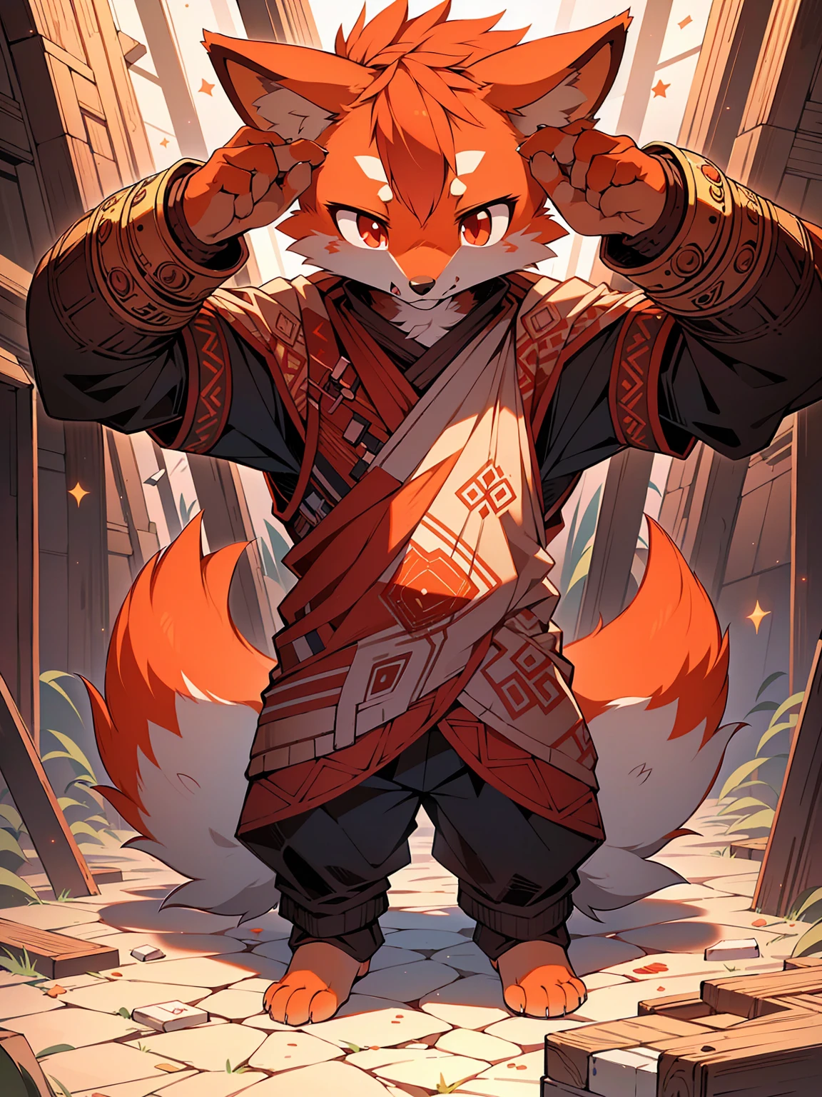 He searched, Star Fox, male, (detailed), Fluffy, Solitary, , Realistic, ((Clear structural details)), Meticulous and pragmatic, Delicate eyes, (Reddish-orange-red pupils), ((Blood red eyes)), excellent quality, High Detail, Fine fur, ((Tail in the right place) ，war，stand up