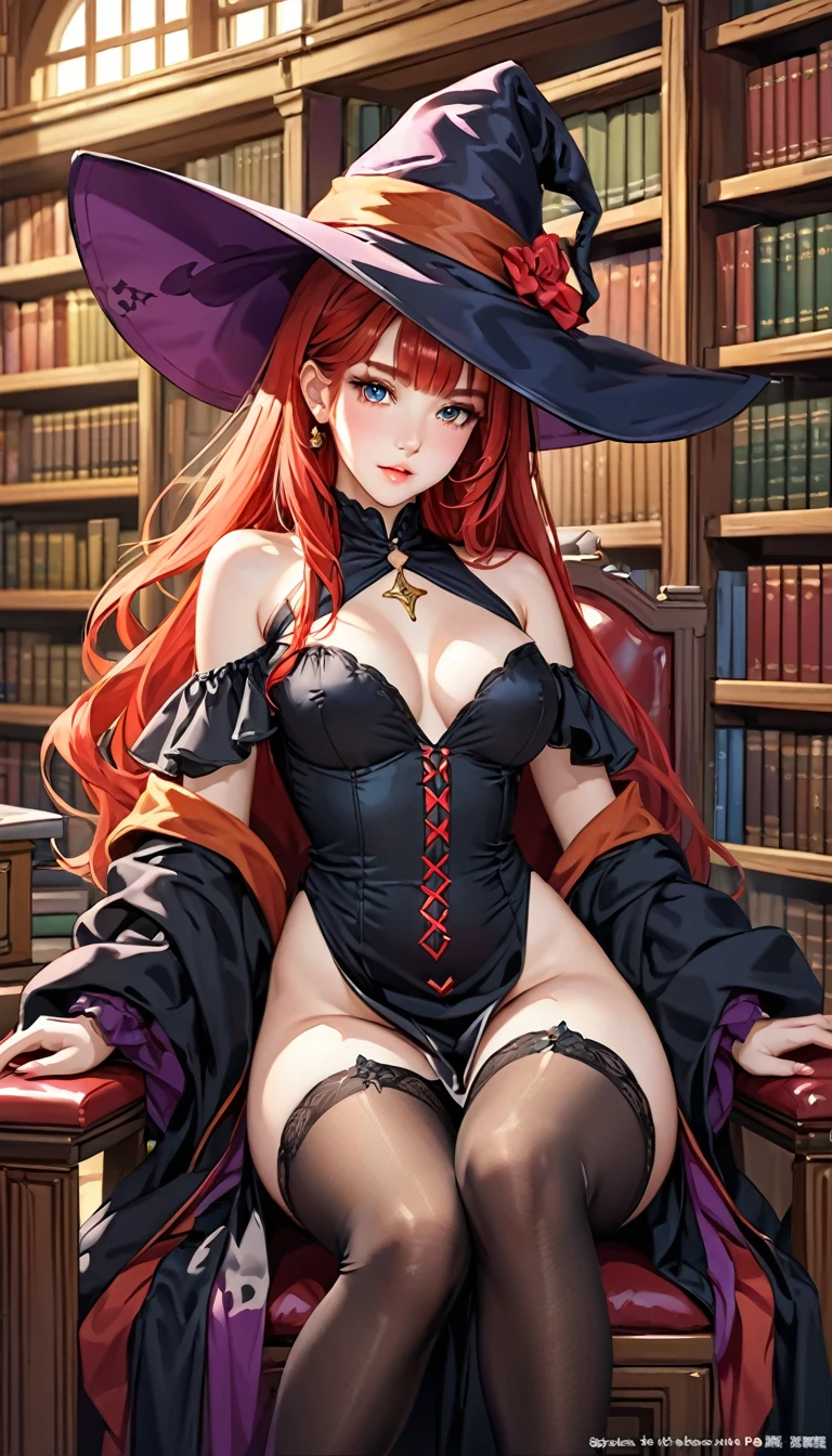 highest quality、16K high resolution、Super detailed、masterpiece、Live shooting、realistic:1.4、hyper realism:1.4、sharp focus、very delicate and beautiful、small details、1 female、(european:1.2)、(redhaired:1.1)、(super beautiful)、(beautiful face:1.5)、(adult face)、18 year old witch、(no panties:1.3)、spread your legs to the side、(wizard hat)、(black dress:1.2)、library 、stockings 、wearing makeup、libray chairs、At NSFW