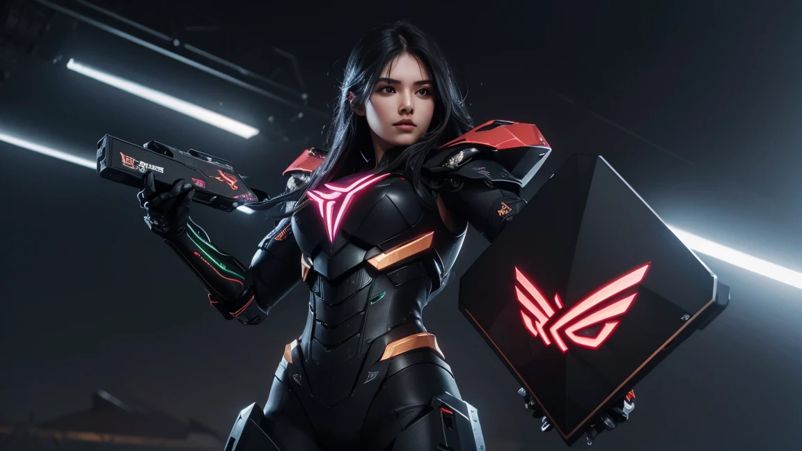 Giant Asus ROG Strix RTX graphics card mounted on the super cool super robot's chest, with Asus logo on the Robot's chest, realistic lighting, graphics card Asus ROG Strix promotional, best quality, best shadow, extremely cool robot