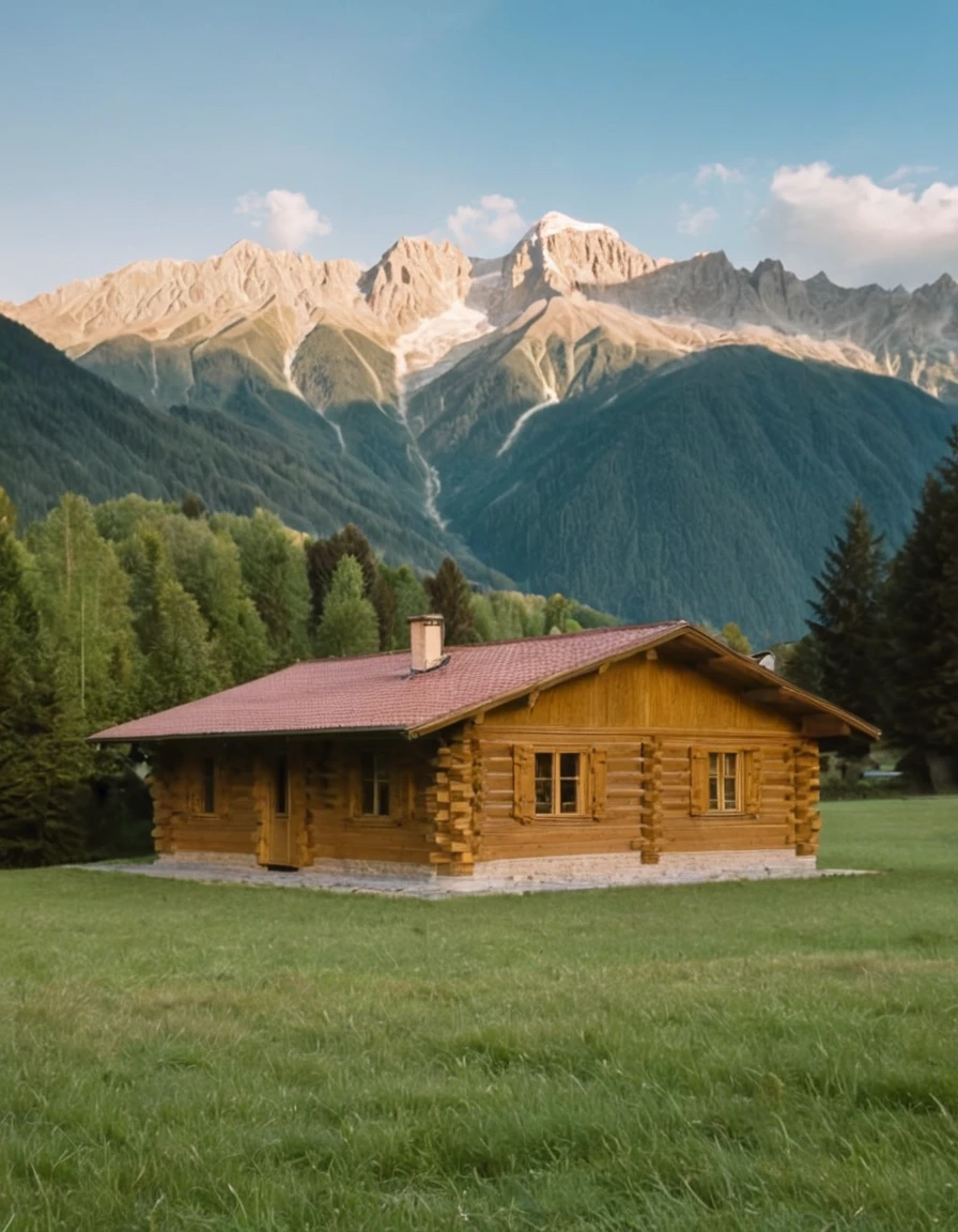 arafed log cabin with a mountain in the background, log cabin beneath the alps, cabin in the woods, wood cabin in distance, log cabin, log homes, cabin, peaceful environment, integrated in the mountains, solitary cottage in the woods, a brick cabin in the woods, setting in nature, wooden cottage, all in the amazing outdoors view, old cabin