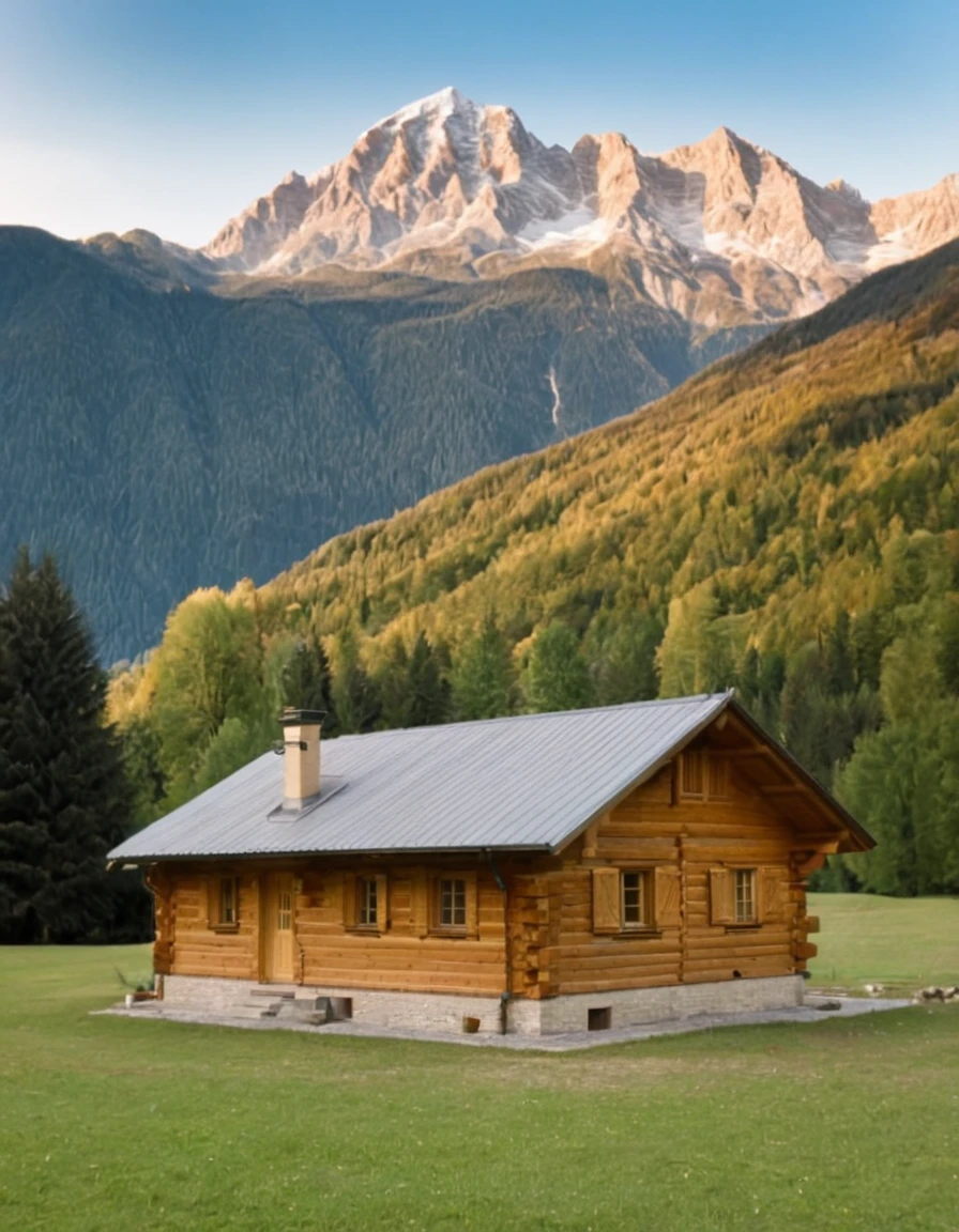 arafed log cabin with a mountain in the background, log cabin beneath the alps, cabin in the woods, wood cabin in distance, log cabin, log homes, cabin, peaceful environment, integrated in the mountains, solitary cottage in the woods, a brick cabin in the woods, setting in nature, wooden cottage, all in the amazing outdoors view, old cabin
