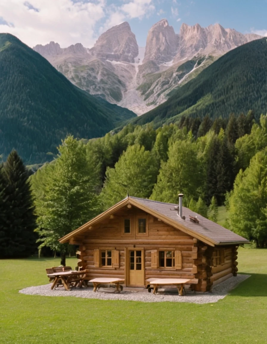 arafed log cabin with a mountain in the background, log cabin beneath the alps, cabin in the woods, wood cabin in distance, log cabin, log homes, cabin, peaceful environment, integrated in the mountains, solitary cottage in the woods, a brick cabin in the woods, setting in nature, wooden cottage, all in the amazing outdoors view, old cabin