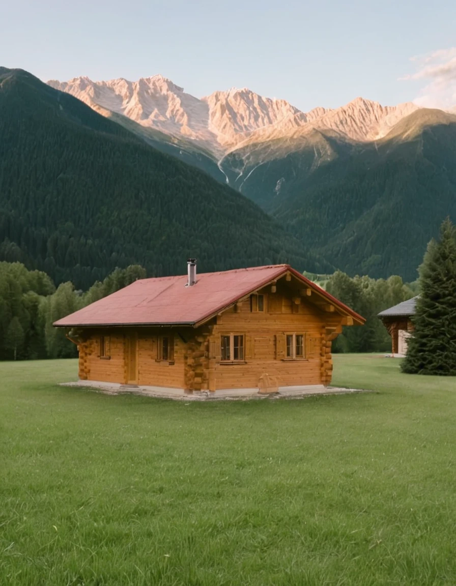 arafed log cabin with a mountain in the background, log cabin beneath the alps, cabin in the woods, wood cabin in distance, log cabin, log homes, cabin, peaceful environment, integrated in the mountains, solitary cottage in the woods, a brick cabin in the woods, setting in nature, wooden cottage, all in the amazing outdoors view, old cabin