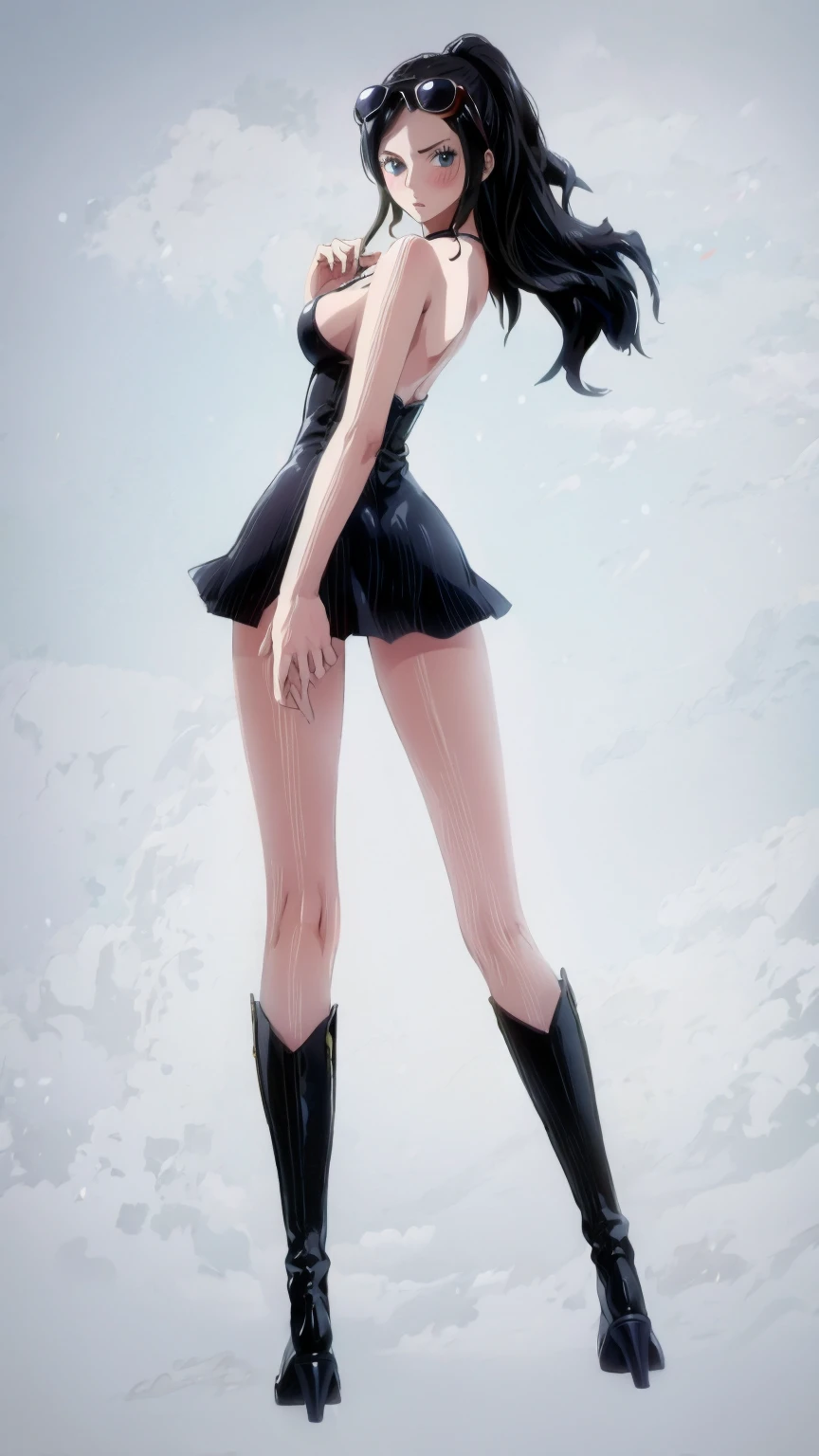 1girl, solo, boots, eyewear on head, black hair, dress, high heels, sunglasses, short dress, long hair, looking back, breasts, ponytail, nico robin, legs，medium_breasts，sideboob