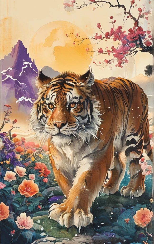 A white dragon lies in the middle of an endless field full of purple flowers, surrounded by snow-capped mountains and a blue sky sparkling with golden sunset rays. The whole scene is filled with a dreamy atmosphere, with vibrant colors and detailed background elements rendered in high resolution and detailed in a top quality illustration style. A girl with black hair and white eyes, dressed in dark , stands next to an anthropomorphic tiger, both looking at the camera. The background is adorned with intricate patterns of flowers and leaves., with a black color scheme, taken from a low angle shot, with high resolution and high detail, a masterpiece