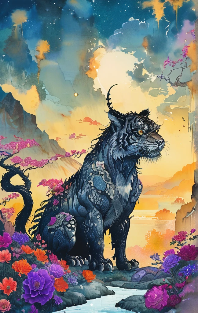 A white dragon lies in the middle of an endless field full of purple flowers, surrounded by snow-capped mountains and a blue sky sparkling with golden sunset rays. The whole scene is filled with a dreamy atmosphere, with vibrant colors and detailed background elements rendered in high resolution and detailed in a top quality illustration style. A girl with black hair and white eyes, dressed in dark , stands next to an anthropomorphic tiger, both looking at the camera. The background is adorned with intricate patterns of flowers and leaves., with a black color scheme, taken from a low angle shot, with high resolution and high detail, a masterpiece