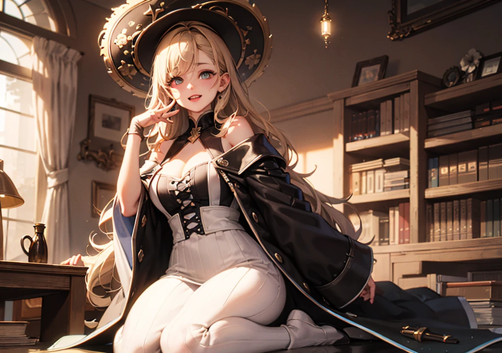 Realistic photos, Focus distance 10mm, A big smile, Curly blonde hair, Beautiful girl, Realistic photos, Focus distance 10mmで撮影, masterpiece, 最high quality, high quality, Very detailed CG 8k wallpaper unit, Award-winning photography, Bokeh, Depth of written boundary, High resolution, bloom, chromatic aberration, Realistic, Very detailed, Art Station Trends, CGsociety Trends, Complex, High detail, dramatic, Art on the go, volumetric lighting, Final Fantasy style beautiful girl、Crimson Eyes、Long straight black hair、Witch's hat and robe、Magical library and potions in the background