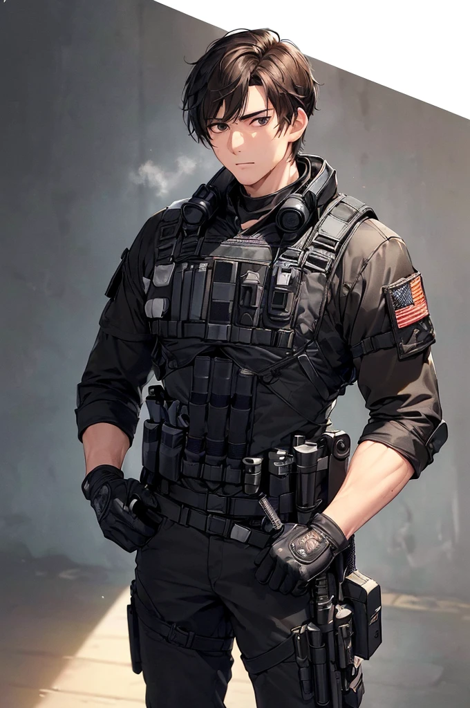 (masterpiece; best quality: 1.2), (finely detailed eyes: 1.3), ((25 year old man)), ((solo)), (black eyes: 1.4), (body; wiry, fit, masculine: 1.3), (short brown hair: 1.3), (beautiful and clear background: 1.2), ((depth of field)), (equipment: spec ops full black tactical gear + black gloves + holstered gun + pouches: 1.3), (anime illustration: 1.2), (background composition; military base office: 1.1), (extremely fine and handsome: 1.1), (shot composition; standing + centered on torso + close-up: 1.5), (expression; calm, stoic: 1.2)
