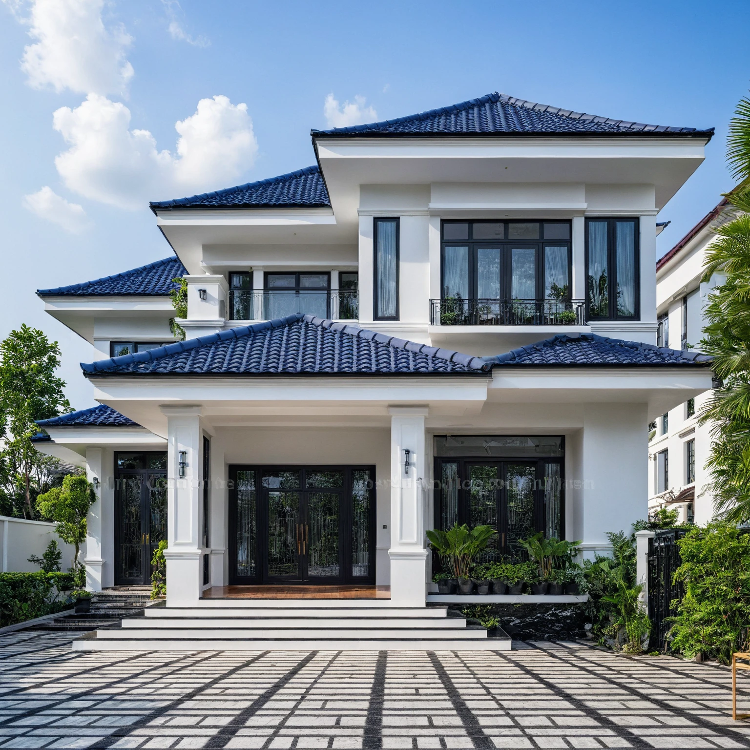 (masterpiece:1.2), best quality, photo of A two-story modern house in VietNam with white walls and dark tiles on the roof., tree and plant environment,daylight, streetcapes, natural light, vivid color, The exterior of an elegant single family home features large windows, a dark gray door frame.