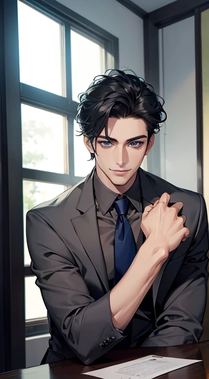 (Highest quality,4K,8K,High resolution,masterpiece:1.2),Super detailed,(Realistic,photoRealistic,photo-Realistic:1.37),1 person,32 years old,Mature Men,Beautiful skin、very handsome,Expressionless,smile,Short gray black hair,blue eyes,Sharp Eyes,A perfect face without a doubt,Businessman,Office Background,Cinema Lighting,HDR image,tie、