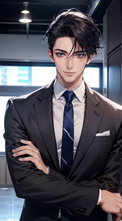 (Highest quality,4K,8K,High resolution,masterpiece:1.2),Super detailed,(Realistic,photoRealistic,photo-Realistic:1.37),1 person,32 years old,Mature Men,Beautiful skin、very handsome,Expressionless,smile,Short gray black hair,blue eyes,Sharp Eyes,A perfect face without a doubt,Businessman,Office Background,Cinema Lighting,HDR image,tie、