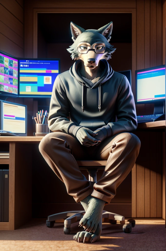 (((Barefoot furry character, full body, cinematic setting, furry male, plantigrade))) computer lab scene with a tech-savvy Wolf, Legoshi (beastars), wearing a hoodie and glasses, sitting at a computer desk surrounded by monitors and circuit boards, long brown pants, nice soles of feet paws, (((showing soles to viewer))) BREAK, detailed background,, (masterpiece:1.5), intricate details, highly detailed, extreme detail, octane render, fine art, best quality, highres, (detailed face:1.5), ((full_body)), UHD, (((perfect hands))), low light