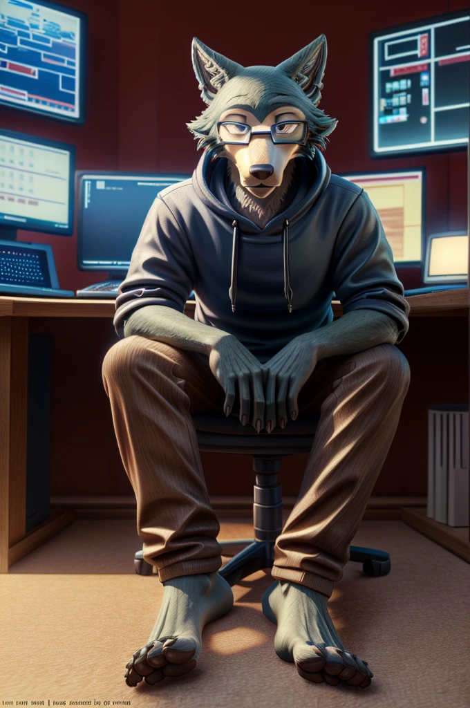 (((Barefoot furry character, full body, cinematic setting, furry male, plantigrade))) computer lab scene with a tech-savvy Wolf, Legoshi (beastars), wearing a hoodie and glasses, sitting at a computer desk surrounded by monitors and circuit boards, long brown pants, nice soles of feet paws, (((showing soles to viewer))) BREAK, detailed background,, (masterpiece:1.5), intricate details, highly detailed, extreme detail, octane render, fine art, best quality, highres, (detailed face:1.5), ((full_body)), UHD, (((perfect hands))), low light