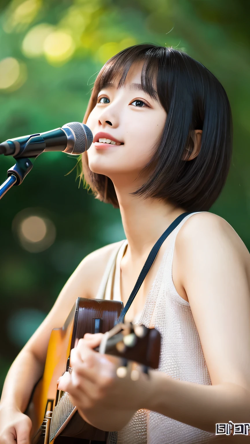 masterpiece　High resolution　Female student　very cute　natural atmosphere　boyish　16 years old　Bobcut　Dimples　Mole　Raccoon face　Tank top　Playing Acoustic Guitar　Are standing　