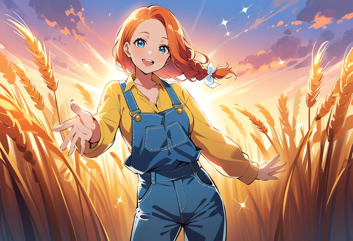 sparkle, sunbeam, light rays, pewarnaan character, visual illustration, @ANN, aged up, 1girl, solo, (overalls), outdoors, sky, wheat, field, (blue overalls), smile, blue eyes, wheat field, looking at viewer, breasts, long sleeves, yellow shirt, orange hair, cowboy shot, collarbone, collared shirt, cleavage, denim, upper teeth only, blonde hair, medium breasts, forehead, standing, braided ponytail, single braid, teeth, oversized clothes, medium hair, short hair, partially unbuttoned, pants, oversized shirt, buttons, head tilt, flat chest, hair bow, white bow, tomboy, round teeth, plaid shirt, denim overalls, mature female, tall, tall female, slim body, freckles, twilight, cloudy sky, scenery, reaching, grass, floating hair, sunset, cloud, scenery, jeans, bow, highres, 4k, 8k, ann \(harvest moon\), ran \(bokujou monogatari\)